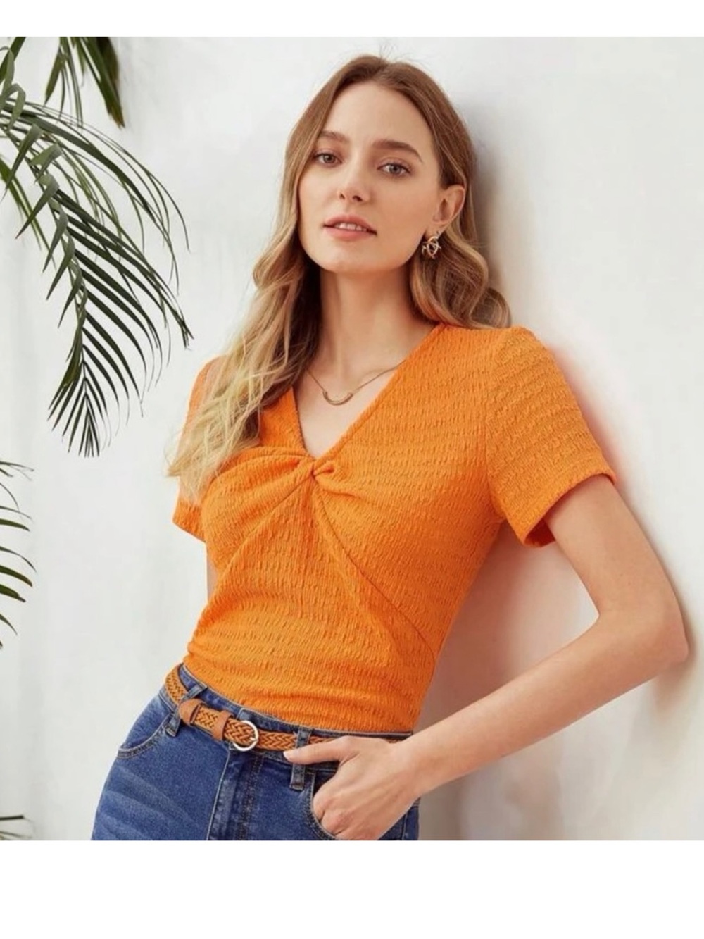 NWOT MOTF Bright Orange Twist-Front Short Sleeve Top